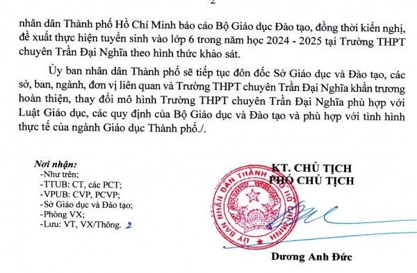 UBND TP.HCM kiến nghị Bộ GD-ĐT về tuyển sinh lớp 6 Trường THPT chuyên Trần Đại Nghĩa