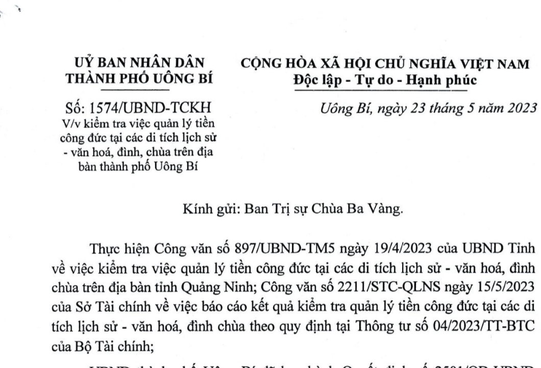 Chính quyền đã gửi công văn đề nghị chùa Ba Vàng báo cáo tiền công đức