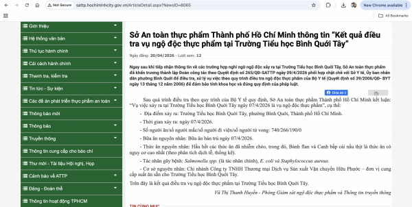 Chính thức công bố kết quả điều tra ngộ độc thực phẩm tại Trường Bình Quới Tây