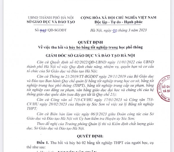 Hà Nội thu hồi bằng tốt nghiệp THPT của hiệu trưởng trường mầm non vì gian lận Hà Nội thu hồi bằng tốt nghiệp THPT của hiệu trưởng trường mầm non vì gian lận