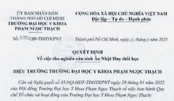 Lý do Âu Nhật Huy nộp đơn xin thôi học Trường ĐH Y khoa Phạm Ngọc Thạch Lý do Âu Nhật Huy nộp đơn xin thôi học Trường ĐH Y khoa Phạm Ngọc Thạch