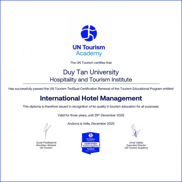 Ngành Du lịch của ĐH Duy Tân tiếp tục đạt UN Tourism TedQual trong đợt tái kiểm định Ngành Du lịch của ĐH Duy Tân tiếp tục đạt UN Tourism TedQual trong đợt tái kiểm định