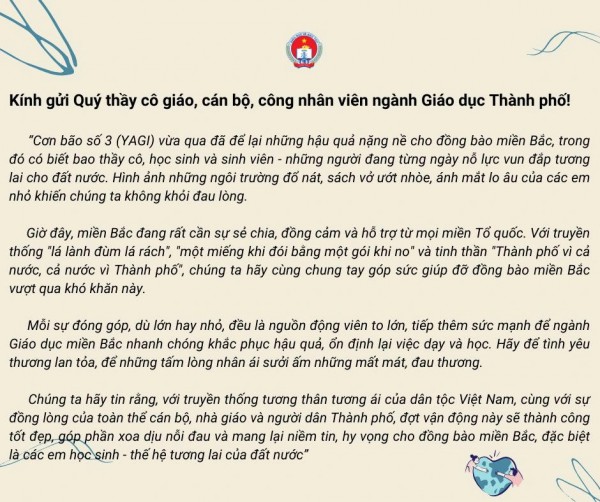 Ngành giáo dục TP.HCM vận động ủng hộ đồng bào bị ảnh hưởng bão Yagi