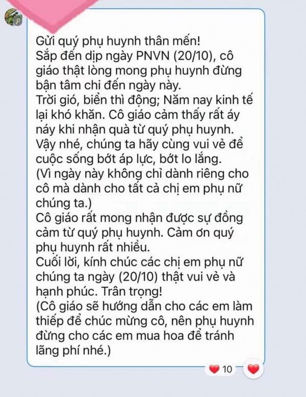 Ngày 20.10, giáo viên mong phụ huynh đừng lo nghĩ 'quà cáp'