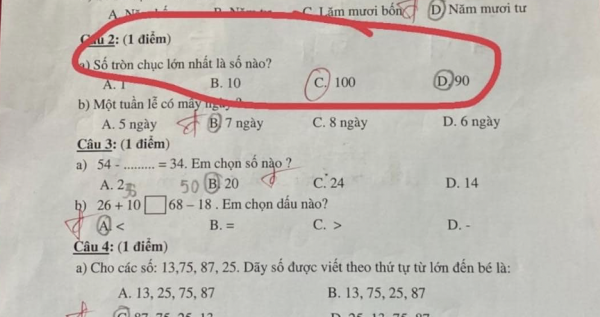 Số tròn chục lớn nhất là số nào trong các số 1, 10, 100 và 90?