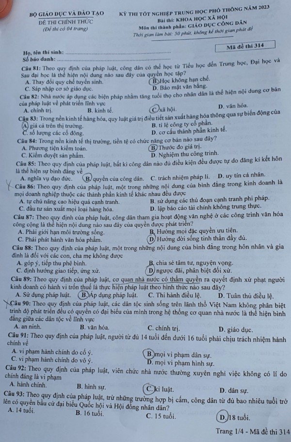 Thi tốt nghiệp THPT 2023: Đề thi chính thức môn giáo dục công dân