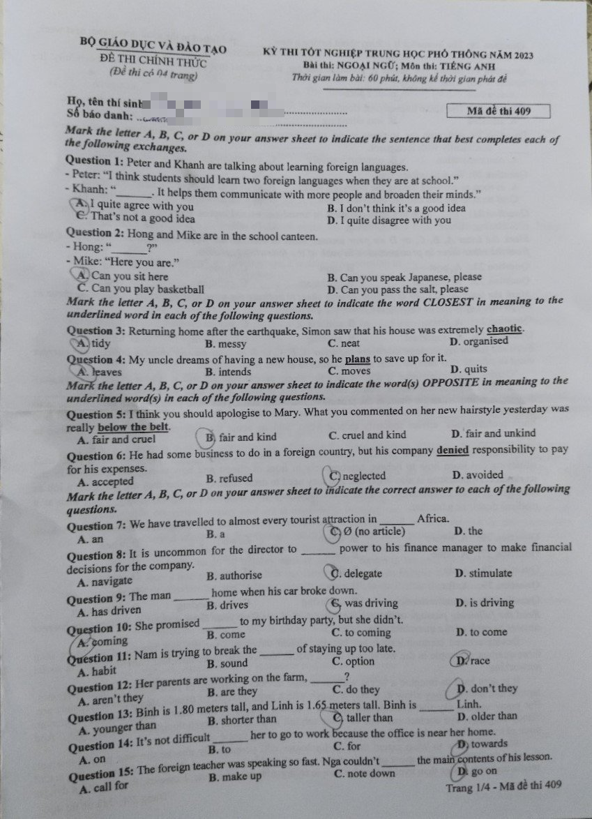 Thi tốt nghiệp THPT 2023: Đề thi và gợi ý bài giải môn tiếng Anh