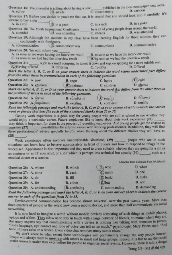 Thi tốt nghiệp THPT 2023: Đề thi và gợi ý bài giải môn tiếng Anh