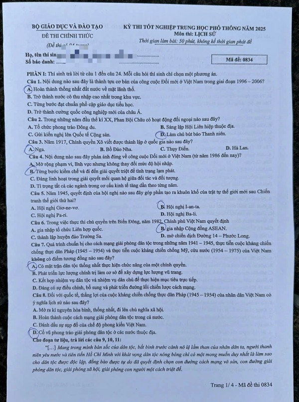 Thi tốt nghiệp THPT 2025: Đề chính thức môn lịch sử