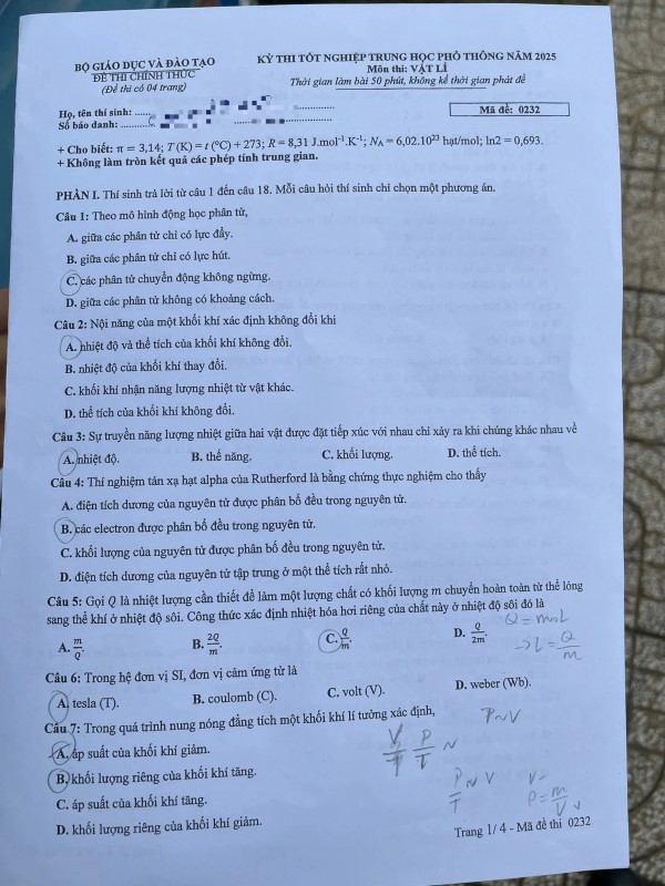 Thi tốt nghiệp THPT 2025: Đề chính thức môn vật lý Thi tốt nghiệp THPT 2025: Đề chính thức môn vật lý