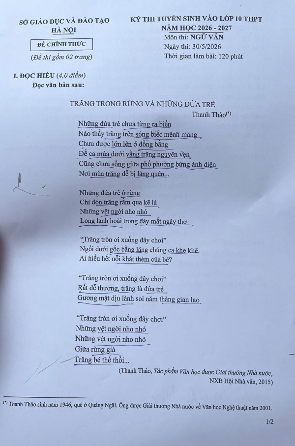 Thơ Thanh Thảo vào đề thi ngữ văn tuyển sinh lớp 10 của Hà Nội
