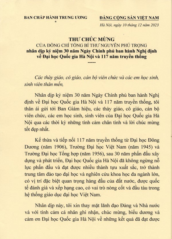 Tổng Bí thư Nguyễn Phú Trọng gửi thư chúc mừng ĐH Quốc gia Hà Nội