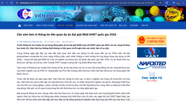 Viện Hóa học bác bỏ cáo buộc liên quan dự án giải nhất khoa học kỹ thuật quốc gia Viện Hóa học bác bỏ cáo buộc liên quan dự án giải nhất khoa học kỹ thuật quốc gia