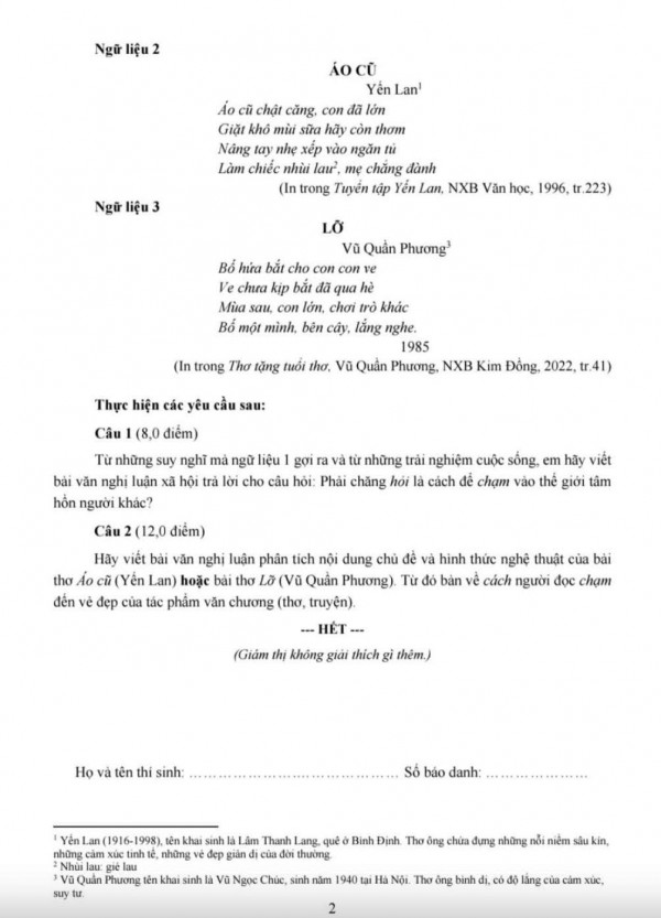 Đề môn văn học sinh giỏi lớp 9 TP.HCM: Gợi xúc cảm sâu xa về tình thân