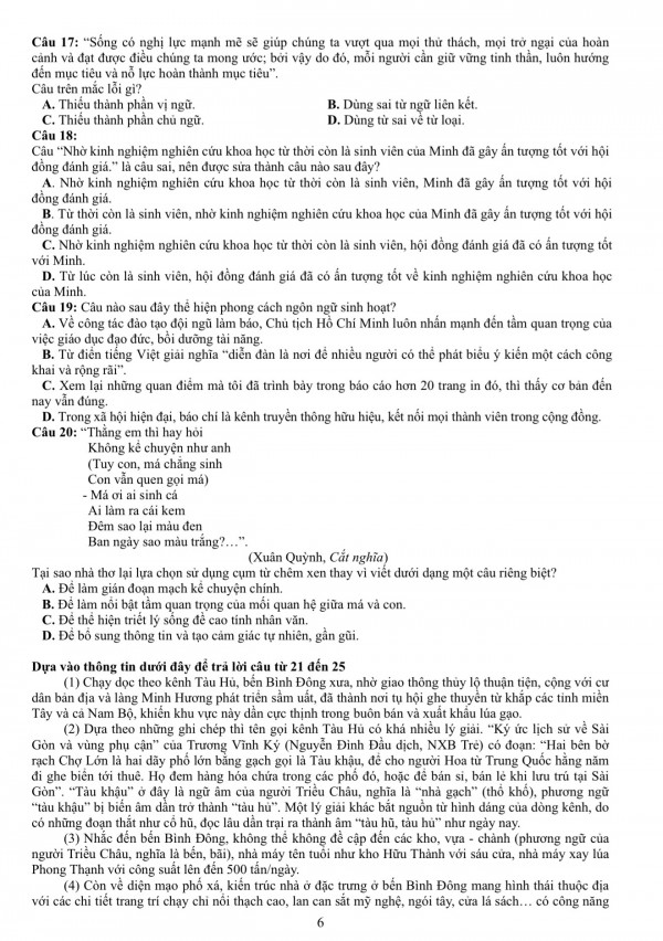 Đề thi mẫu đánh giá năng lực ĐH Quốc gia TP.HCM năm 2026