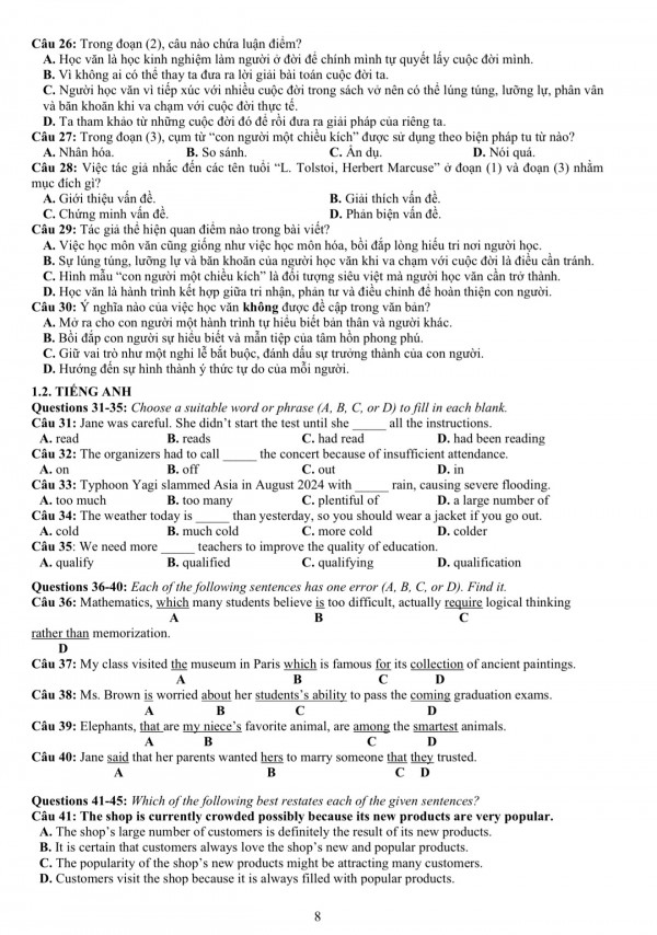 Đề thi mẫu đánh giá năng lực ĐH Quốc gia TP.HCM năm 2026