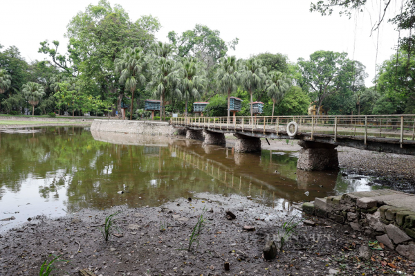 Hồ trong công viên Bách Thảo Hà Nội cạn trơ đáy