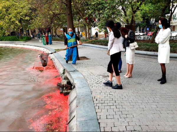 Nước Hồ Gươm ô nhiễm bởi váng sơn đỏ