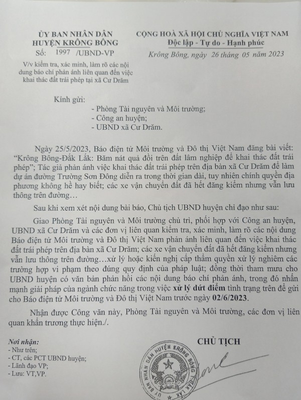 Vụ khai thác đất trái phép tại xã Cư Drăm, Chủ tịch huyện Krông Bông ra văn bản chỉ đạo nóng