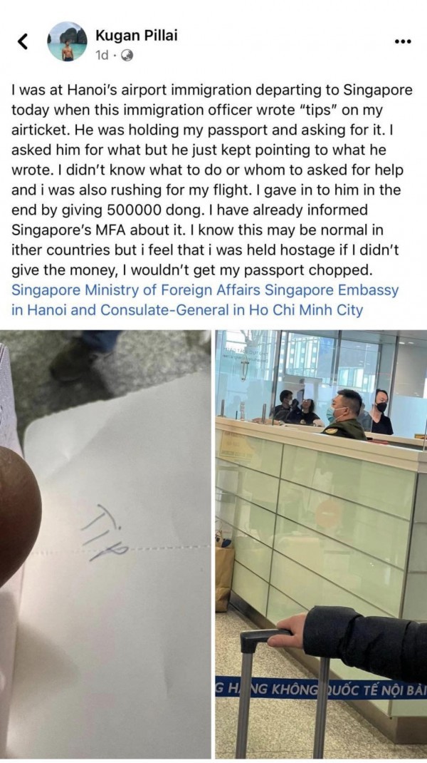 Du khách Singapore ‘tố’ an ninh cửa khẩu sân bay Nội Bài đòi tiền ‘tip’