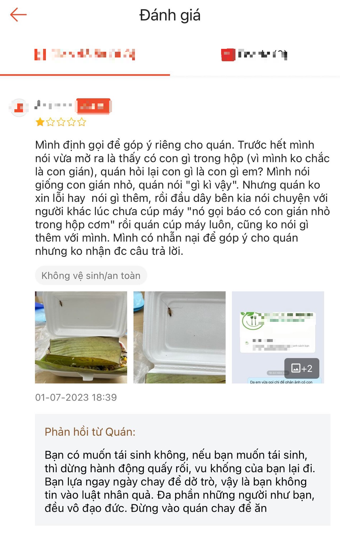 Khách báo hộp cơm chay có gián, quán phản hồi ‘bạn có muốn tái sinh’ trên ứng dụng