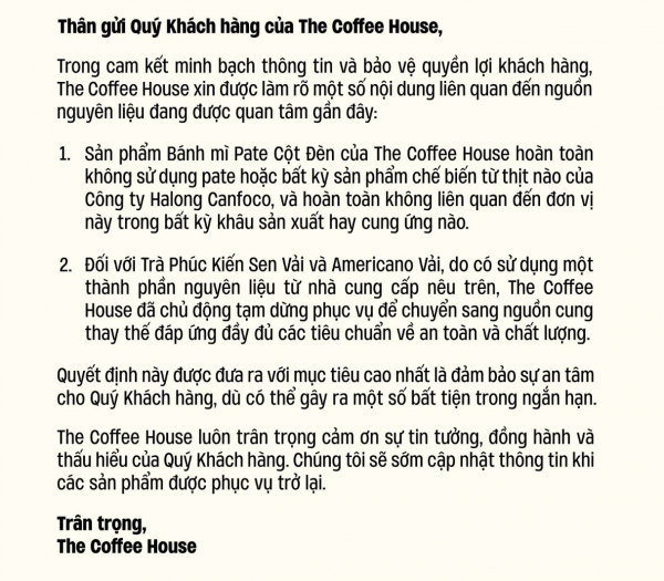 Vụ Công ty Đồ hộp Hạ Long: The Coffee House ra thông báo mới Vụ Công ty Đồ hộp Hạ Long: The Coffee House ra thông báo mới