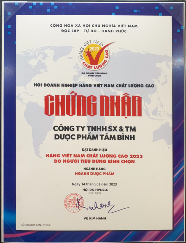 Dược phẩm Tâm Bình lần thứ 5 đạt chứng nhận “Hàng Việt Nam chất lượng cao”