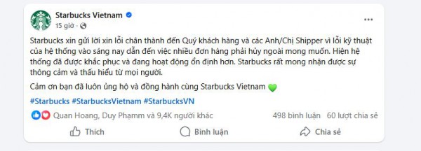 Starbucks Việt Nam xin lỗi shipper vì sự cố đơn hàng giá 0 đồng