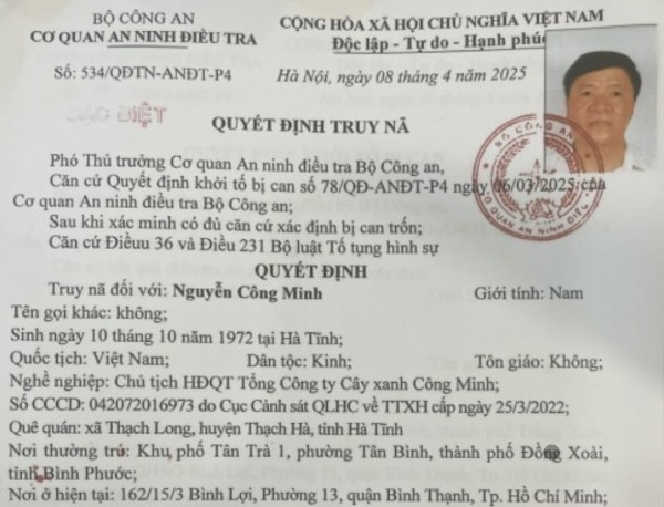 Bộ Công an tiếp tục yêu cầu Chủ tịch Công ty cây xanh Công Minh ra đầu thú