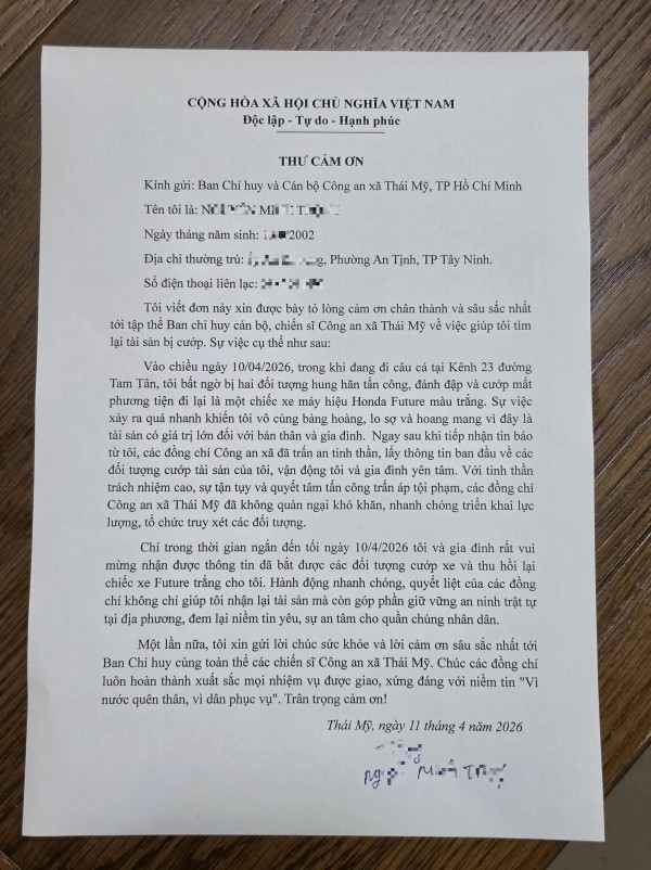 Công an xã Thái Mỹ truy bắt nhanh tên cướp, thu hồi tài sản cho dân