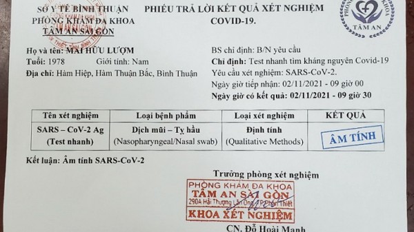 Khởi tố 2 đối tượng làm giả giấy xét nghiệm Covid-19 ở Bình Thuận