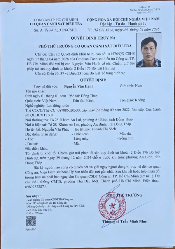 Truy nã nghi phạm chiếm giữ gần 500 triệu đồng do chuyển nhầm tiền