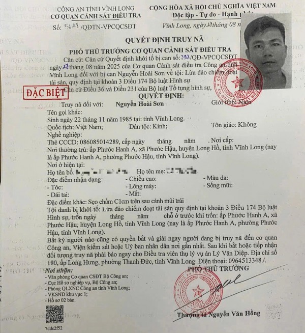 Vĩnh Long: Bị can Nguyễn Hoài Sơn ra đầu thú