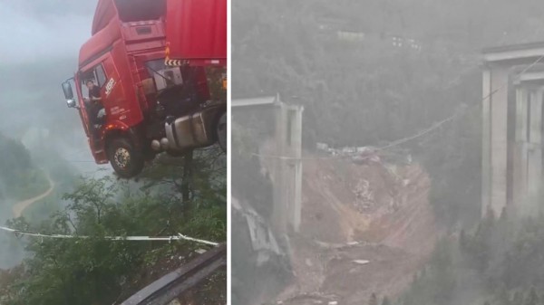 Sập cầu tại Trung Quốc, xe container nằm vắt vẻo ngay mép cầu