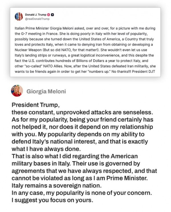 Tổng thống Trump và Thủ tướng Ý Meloni leo thang tranh cãi Tổng thống Trump và Thủ tướng Ý Meloni leo thang tranh cãi