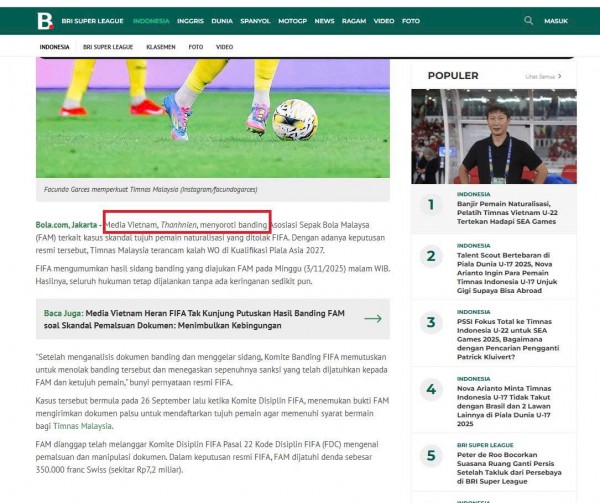 Báo Indonesia dẫn nguồn Thanh Niên đưa tin về phán quyết kháng cáo của FIFA đối với FAM Báo Indonesia dẫn nguồn Thanh Niên đưa tin về phán quyết kháng cáo của FIFA đối với FAM