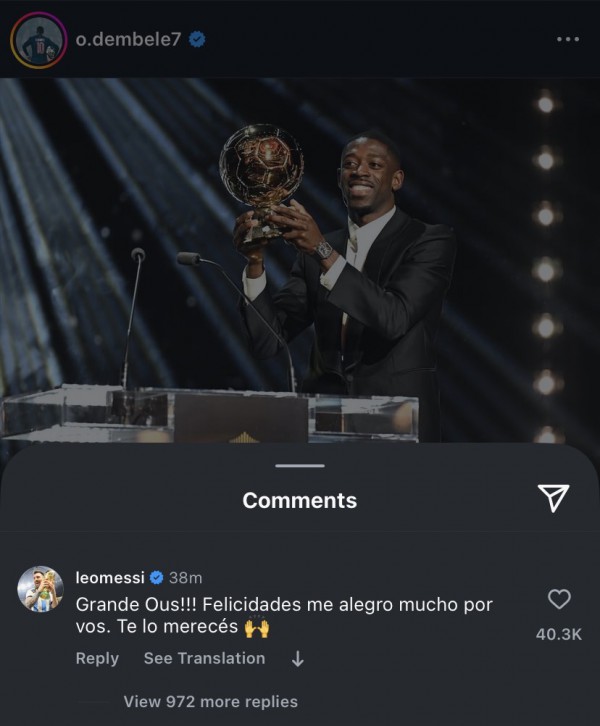 Messi và Mbappe chúc mừng Ousmane Dembele đoạt Quả bóng vàng, Ronaldo chưa biểu lộ cảm xúc Messi và Mbappe chúc mừng Ousmane Dembele đoạt Quả bóng vàng, Ronaldo chưa biểu lộ cảm xúc