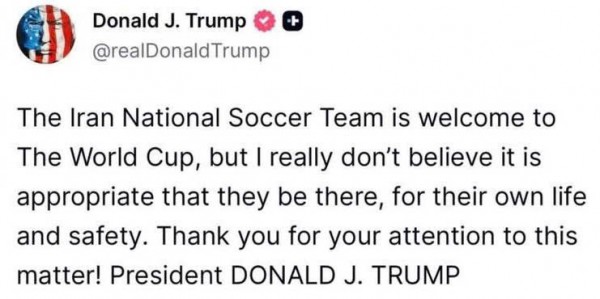 Ông Trump ‘quay xe’, cảnh báo đội tuyển Iran không nên dự World Cup 2026 vì lo ngại không an toàn Ông Trump ‘quay xe’, cảnh báo đội tuyển Iran không nên dự World Cup 2026 vì lo ngại không an toàn