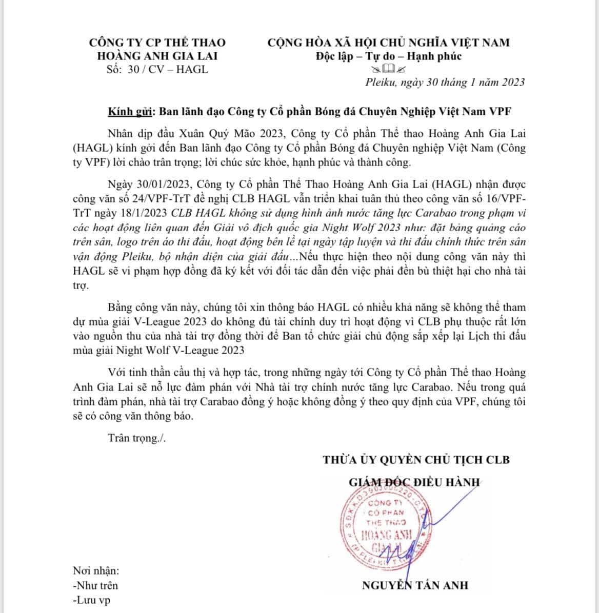 Hoàng Anh Gia Lai phản hồi công văn của VPF