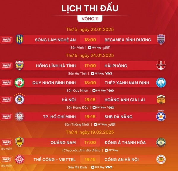 Lịch thi đấu vòng 11 V-League hôm nay: Tiến Linh và Bình Dương dễ gieo sầu cho SLNA Lịch thi đấu vòng 11 V-League hôm nay: Tiến Linh và Bình Dương dễ gieo sầu cho SLNA