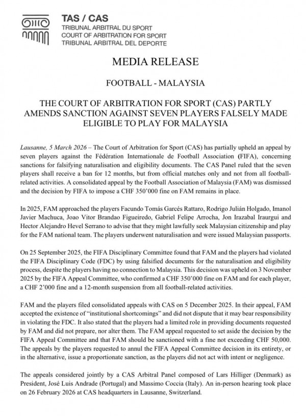 Truyền thông khu vực: 'CAS chỉ thẳng Malaysia sai phạm nhập tịch, giờ đến trách nhiệm của AFC’