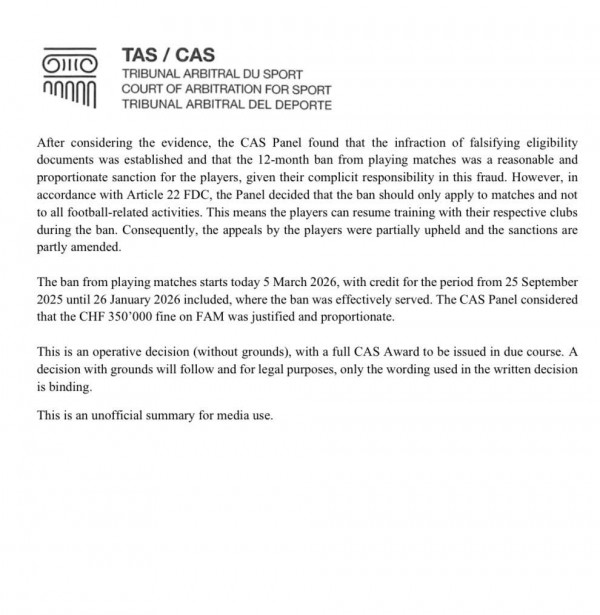 Truyền thông khu vực: 'CAS chỉ thẳng Malaysia sai phạm nhập tịch, giờ đến trách nhiệm của AFC’