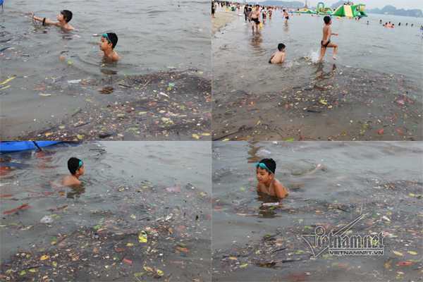 Bãi tắm Hạ Long rác đủ loại lềnh phềnh, trẻ nhỏ hồn nhiên ngụp lặn