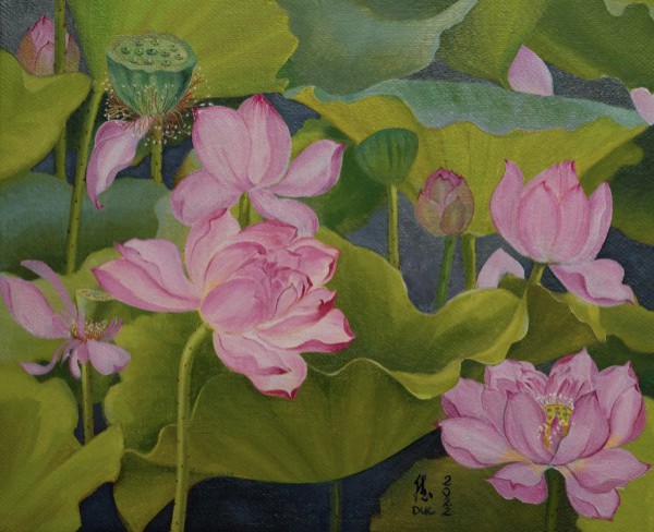 Ngắm những tác phẩm sơn dầu hoa sen của nữ họa sĩ Phật tử