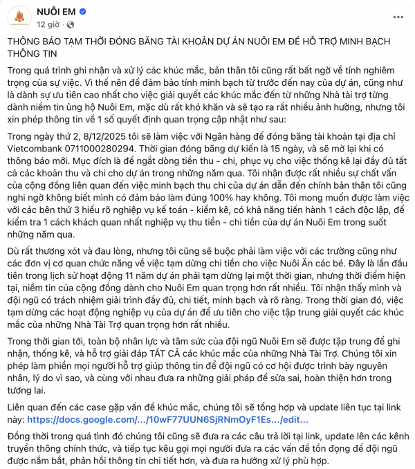 Tạm đóng băng tài khoản dự án 'Nuôi Em'