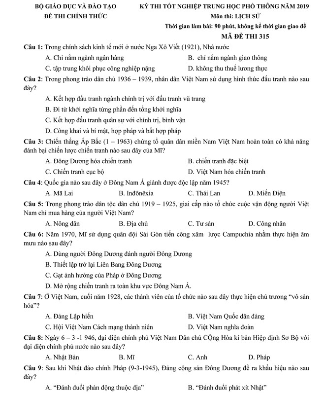 Điểm thi THPT quốc gia 2019: 10 tỉnh, thành có điểm thi môn sử cao nhất Điểm thi THPT quốc gia 2019: 10 tỉnh, thành có điểm thi môn sử cao nhất